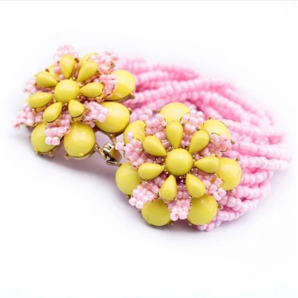 Colourful 𝅺Pink and Yellow Fashion Seed Beads Bohemian Bracelet Bangle